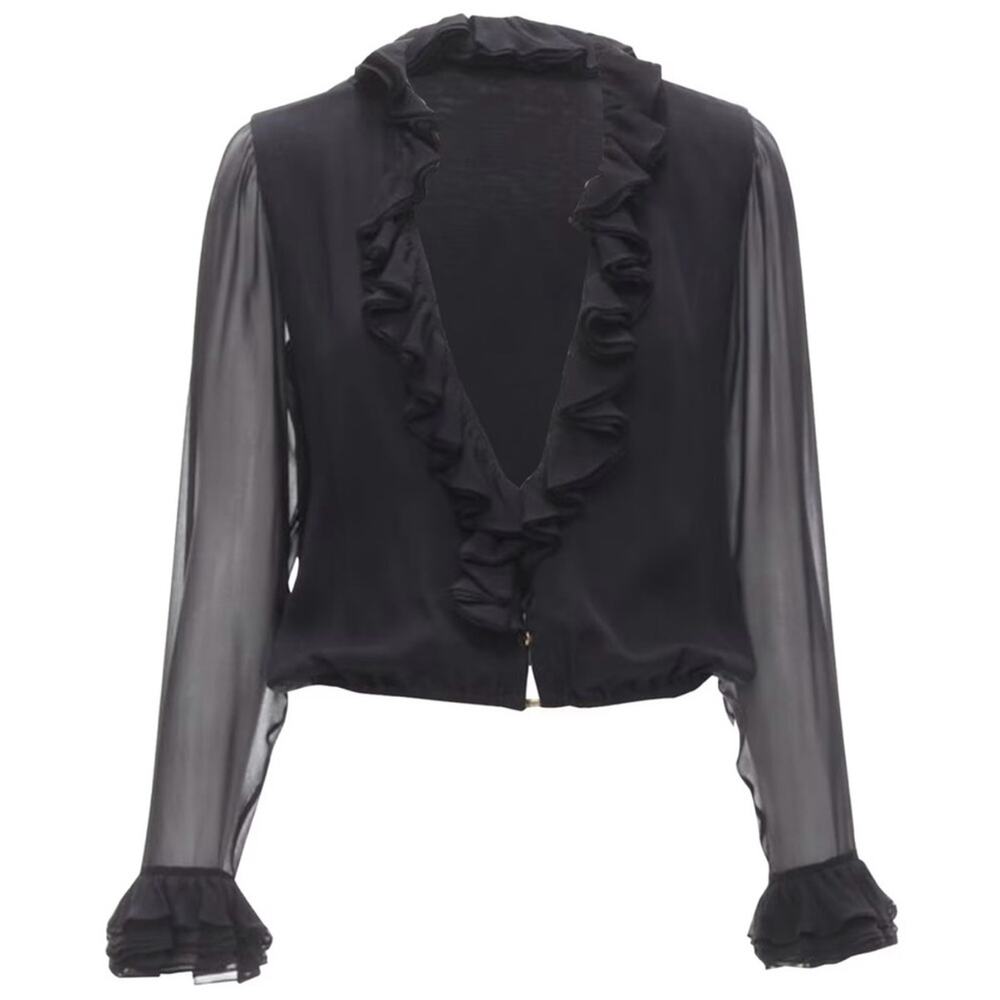 Vintage Gucci Y2K Tom Ford Era Silk Ruffle Blouse IT 42 US 6 Sheer Long Sleeves
